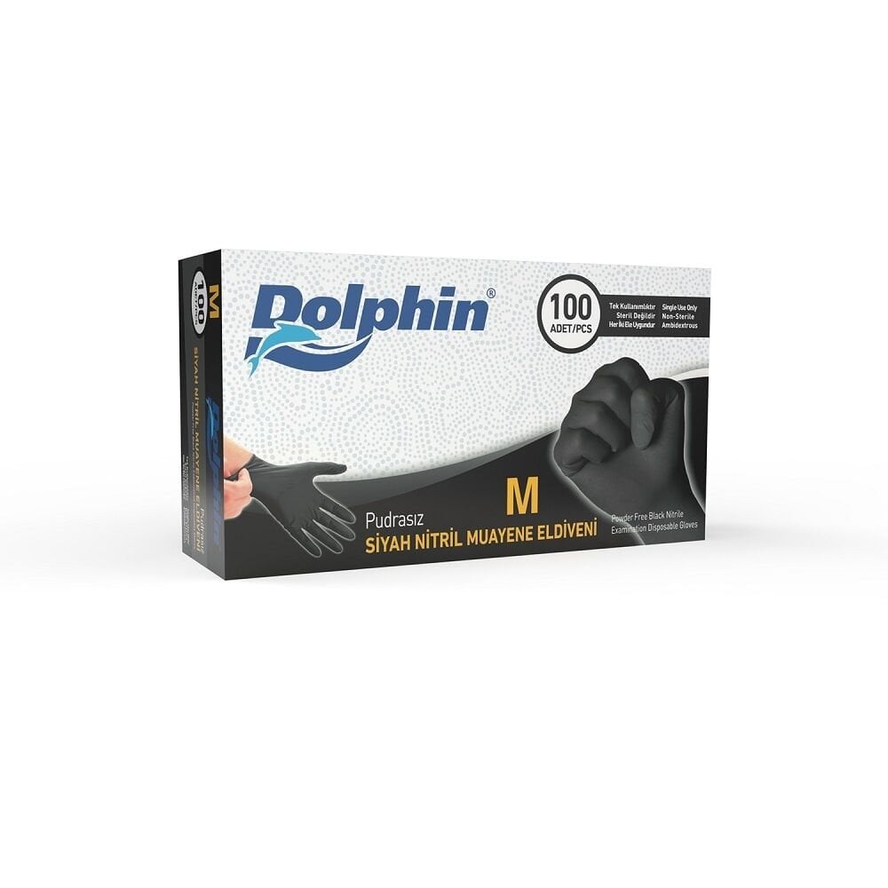 Dolphin Siyah Nitril Muayene Eldiveni M Beden 100 Lü Paket