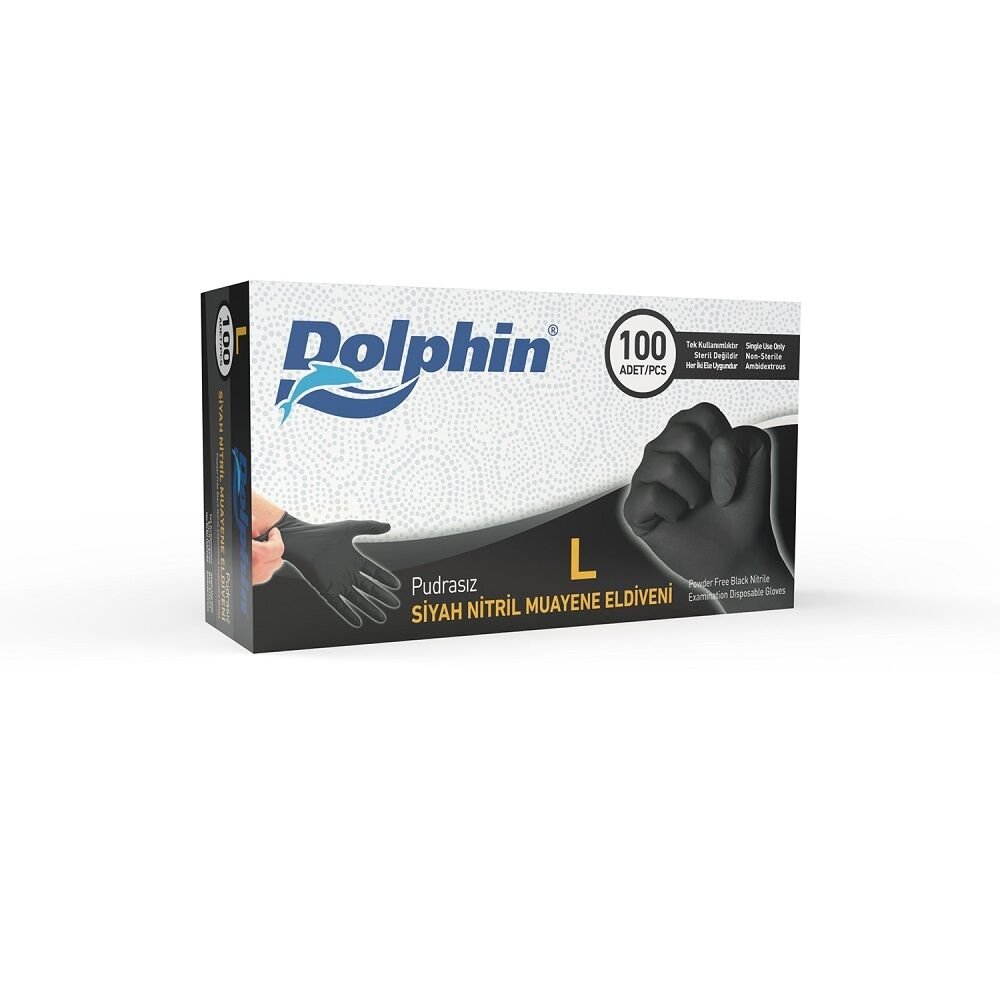 Dolphin Siyah Nitril Muayene Eldiveni L Beden 100 Lü Paket
