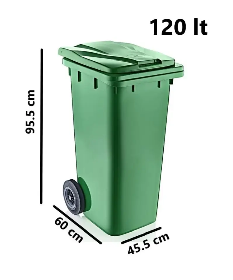Tekerlekli Kapaklı Plastik Çöp Konteyneri 120 lt YEŞİL