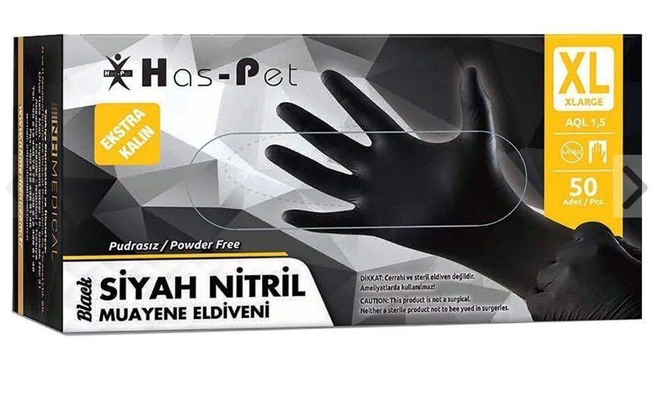 Haspet Ekstra Kalın Nitril Siyah Pudrasız Muayene Eldiveni XL 100 adet