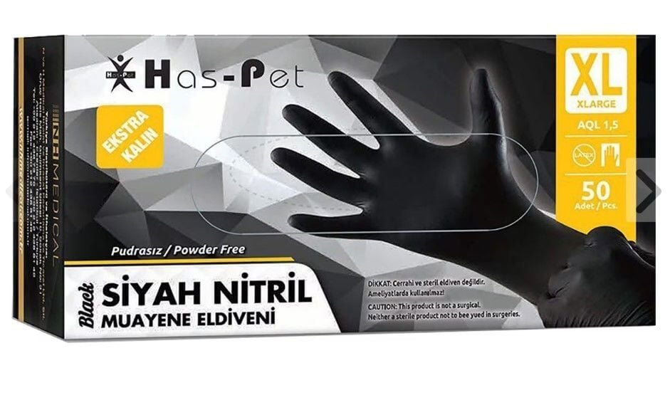 Haspet Ekstra Kalın Nitril Siyah Pudrasız Muayene Eldiveni XL 100 adet
