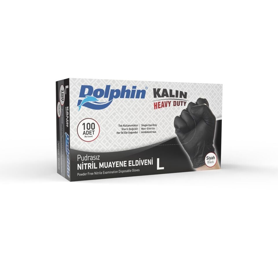 Dolphin Siyah Nitril Eldiven Pudrasız Ekstra Kalın L 100 Adet